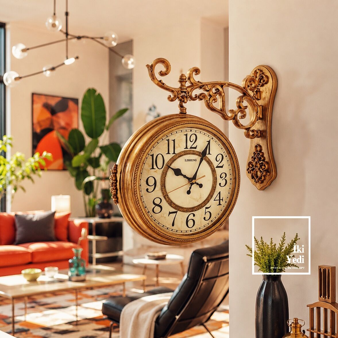 Dromesite Gold Çift Taraflı Yan Duvar Saati Büyük İstasyon Saat Avangart Vintage Dekorasyon Hediye