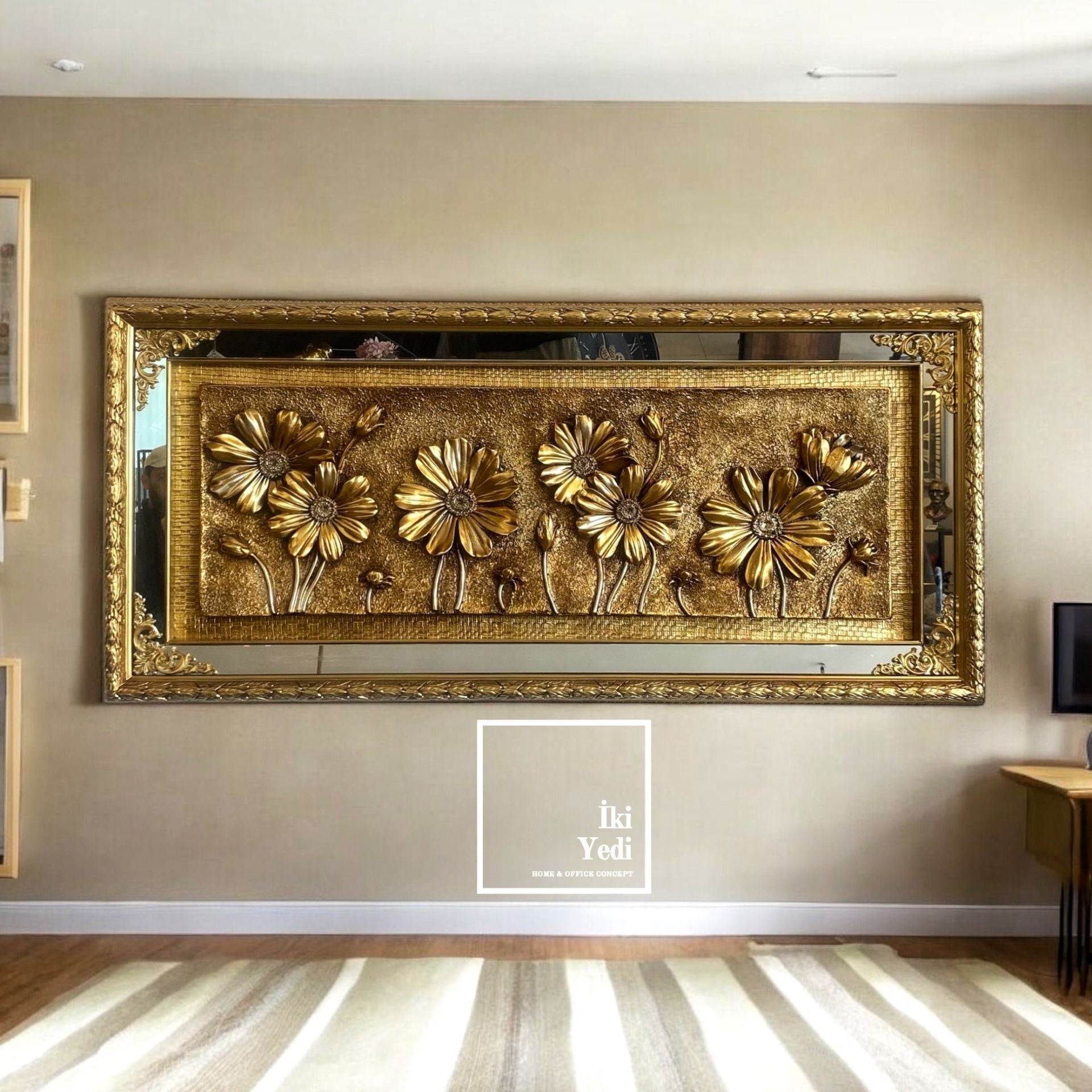 Toulouse 150 cm Altın Varak Çerçeveli 3D Çiçek Rölyef Tablo Lüks Duvar Dekoru Kabartmalı Tablo