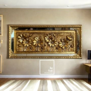 Toulouse 150 cm Altın Varak Çerçeveli 3D Çiçek Rölyef Tablo Lüks Duvar Dekoru Kabartmalı Tablo