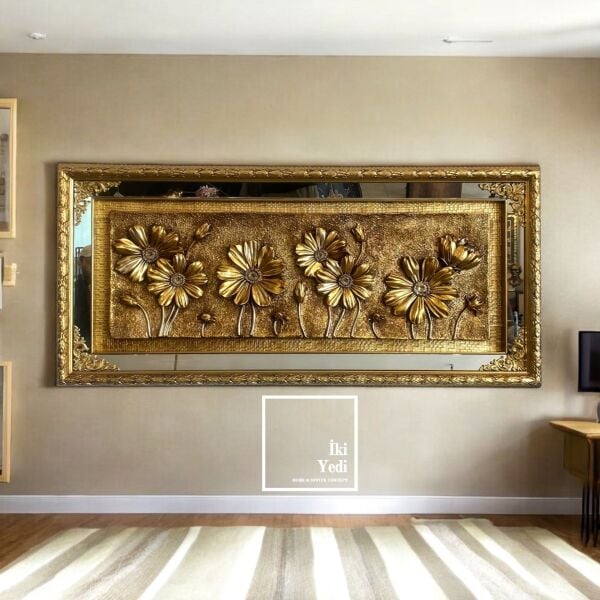 Toulouse 150 cm Altın Varak Çerçeveli 3D Çiçek Rölyef Tablo Lüks Duvar Dekoru Kabartmalı Tablo