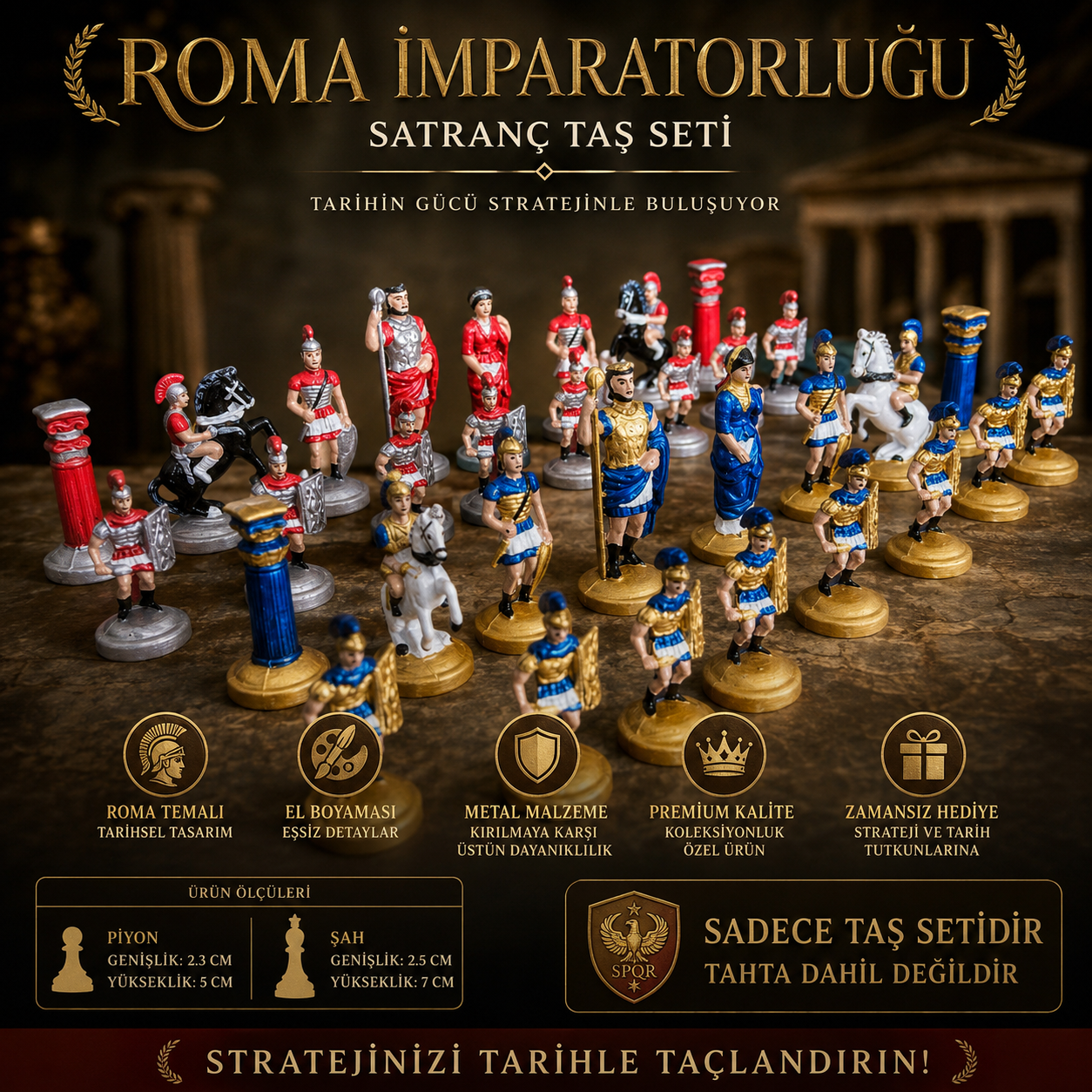 Aeon Roma Temalı El Boyaması Metal Satranç Taşları Takımı Koleksiyonluk Satranç Taşı Seti Tarihi