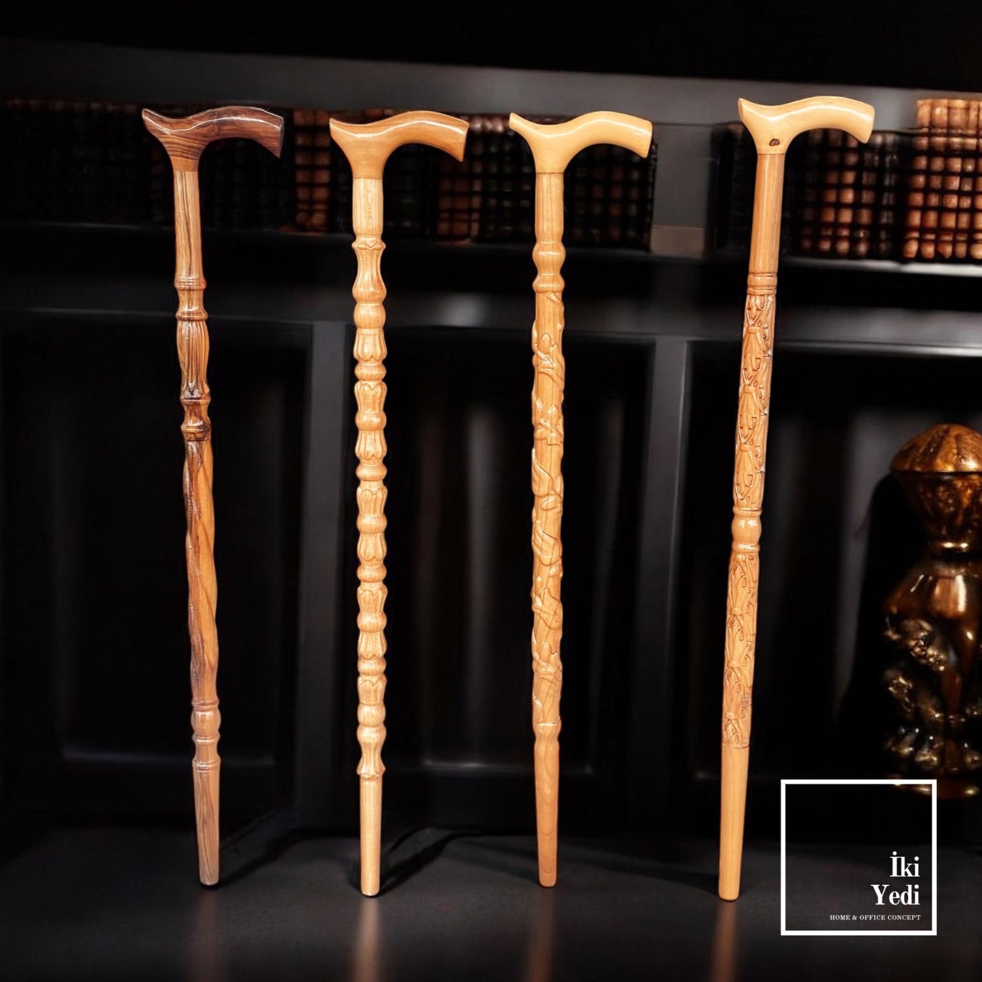 Olivier Serisi El Oyması Masif Ceviz Ahşap Baston – Antika El İşçiliği Baston Modeli 92-95 cm