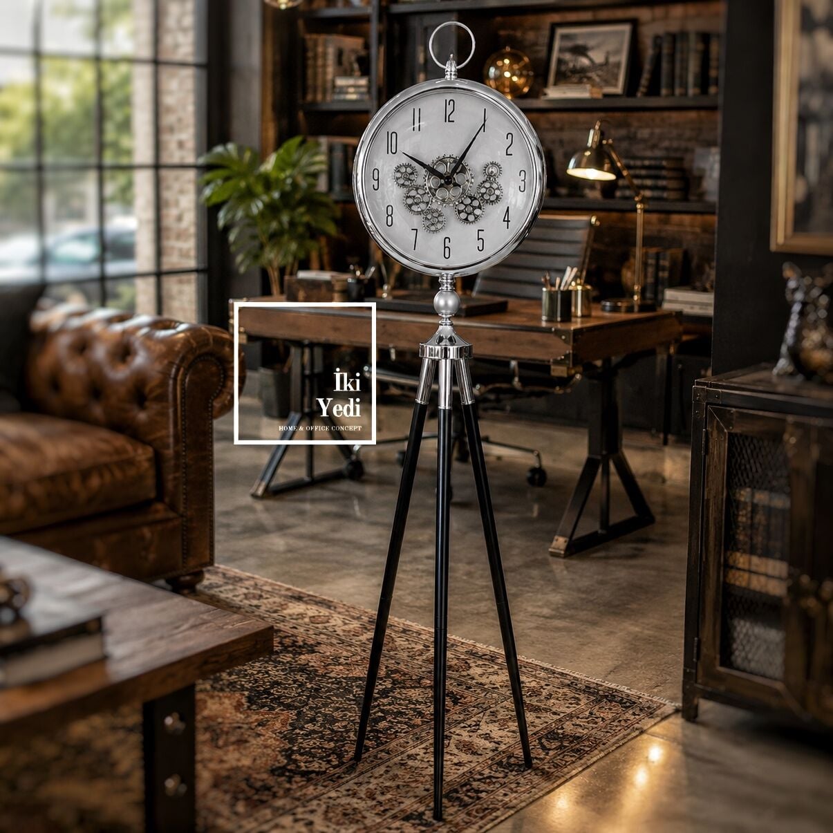 Schubert 771 Tripod Ayaklı Dekoratif Yer Saat 153 cm Salon Ofis Saat Gümüş Siyah Döner Çarklı Model