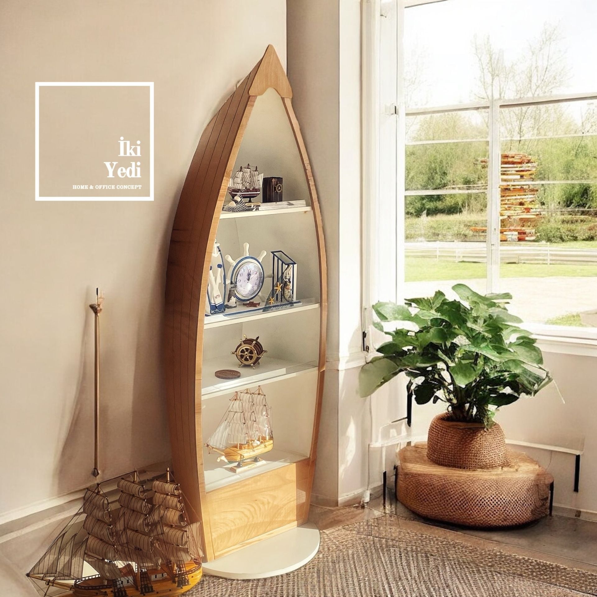 Hanoi Ahşap Gemi Kayık Tasarım Dekoratif Raf Kitaplık Çok Amaçlı Tasarım Dolap Denizcilik Dekorasyon Mobilya Teşhir Ürünü