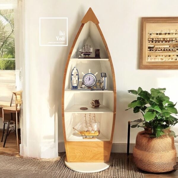 Hanoi Ahşap Gemi Kayık Tasarım Dekoratif Raf Kitaplık Çok Amaçlı Tasarım Dolap Denizcilik Dekorasyon Mobilya Teşhir Ürünü