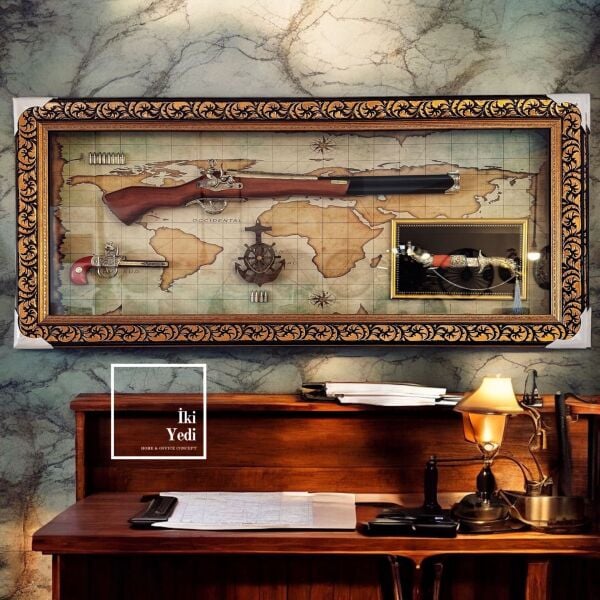 Pedro-L 77-2 Antik Silah Tablo Dünya Haritası Lüks Duvar Dekorasyonu Antika Hediyelik Eşyalar Ofis Hediyesi VIP