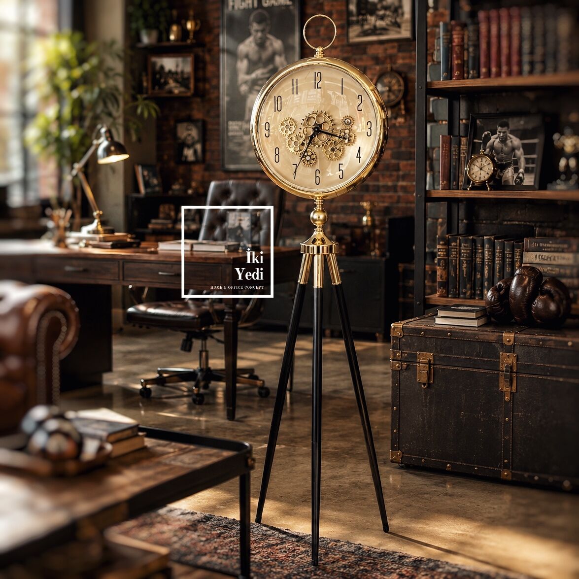 Schubert 773 Tripod Ayaklı Dekoratif Yer Saat Gold Metal Salon Ofis 153 cm Döner Çarklı Saat Hediye