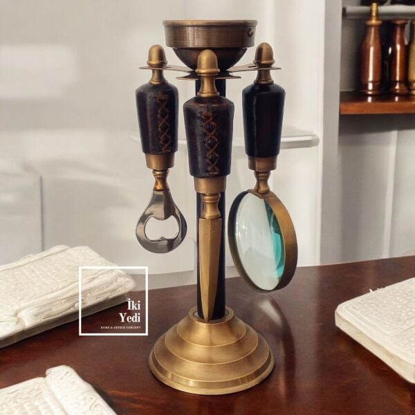 Bremen Deri Kaplama Pusulalı Mektup Zarf Açacağı Açacak Büyüteç Pirinç Antika Lüks Masa Üstü Aksesuar Ofis Hediyesi Hediyelik