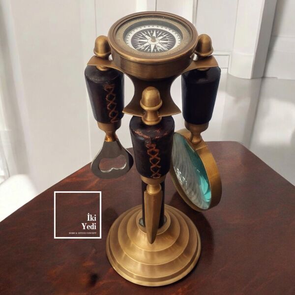 Bremen Deri Kaplama Pusulalı Mektup Zarf Açacağı Açacak Büyüteç Pirinç Antika Lüks Masa Üstü Aksesuar Ofis Hediyesi Hediyelik