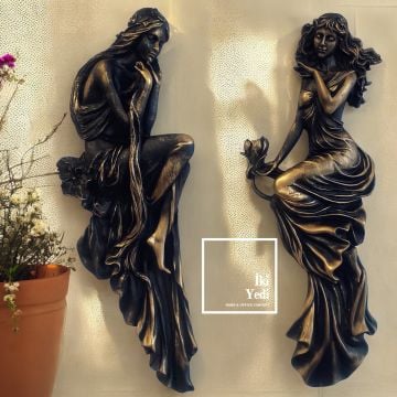 Cirila 2'li Kadın Figürlü Eskitme Siyah Duvar Süsü Seti 52 cm Dekoratif Ev Ofis Hediyesi Objeler