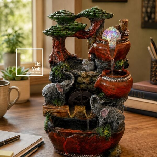 Santiago Dekoratif Masaüstü Şelale Ledli Cam Küreli 37 cm Polyester İç Mekan Süs Havuzu Su Çeşmesi