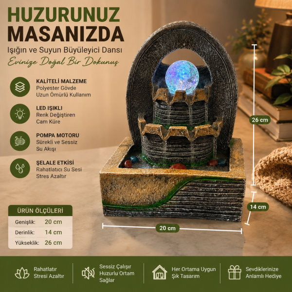 Ruligo Masa Üstü Dekoratif Yapay Şelale LED Işıklı Taş Görünümlü İç Mekan Süs Havuzu Su Çeşmesi Şık
