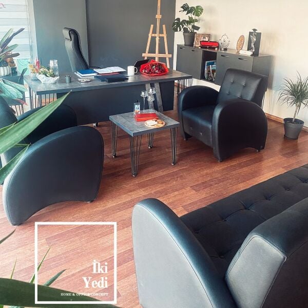 Louve Metal Ayaklı Büro Mobilyası Takımı Demir Yönetici Masası Seti Büro Makam Odası Mermer Desen