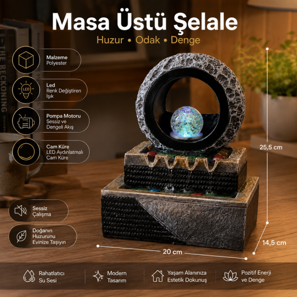 Wayne Masa Üstü Dekoratif Yapay Şelale LED Işıklı Taş Görünümlü İç Mekan Süs Havuzu Su Çeşmesi Şık