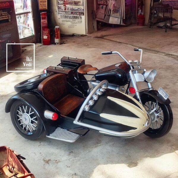 Orleans 1926 Retro Motosiklet Maketi 53 cm – Yan Sepetli Metal Motorsiklet Objesi, Vintage Dekor