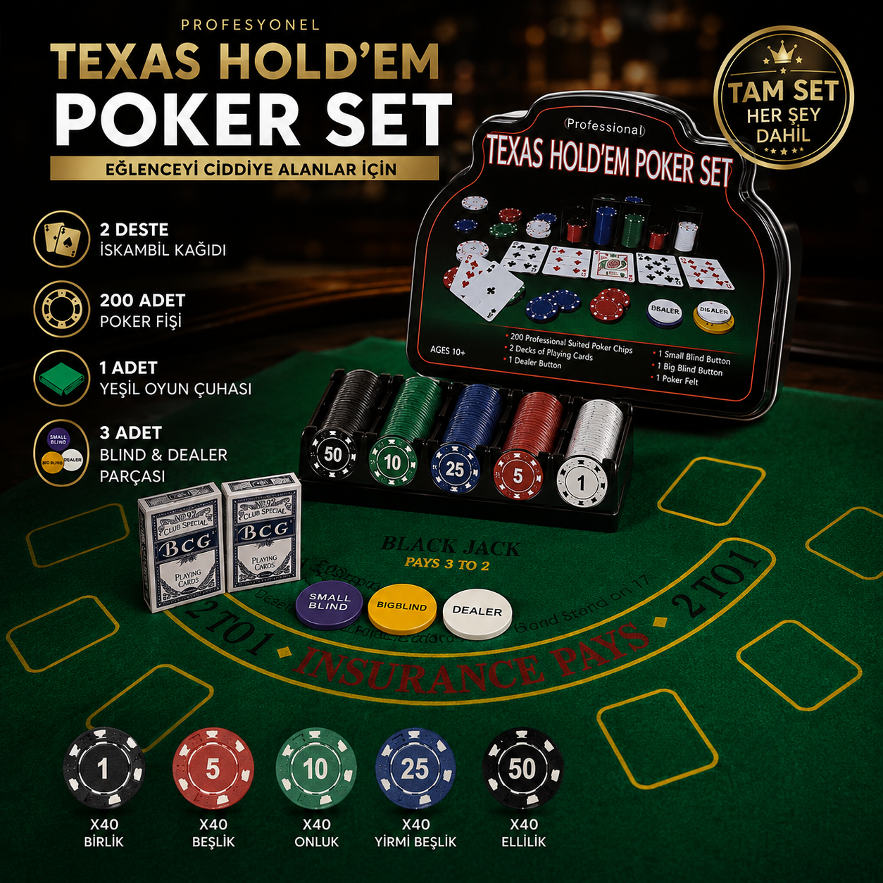 Profesyonel Texas Holdem Poker Set 200 Fişli 2 Deste İskambil Kağıdı Yeşil Oyun Çuhası Matı Tam Set
