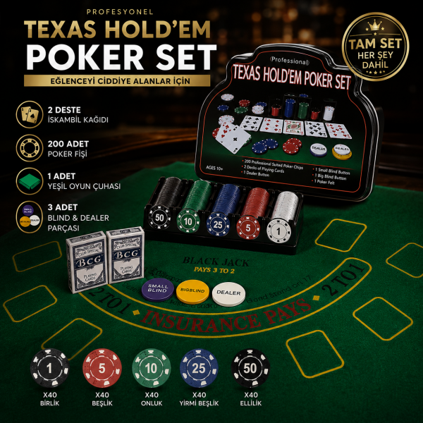 Profesyonel Texas Holdem Poker Set 200 Fişli 2 Deste İskambil Kağıdı Yeşil Oyun Çuhası Matı Tam Set
