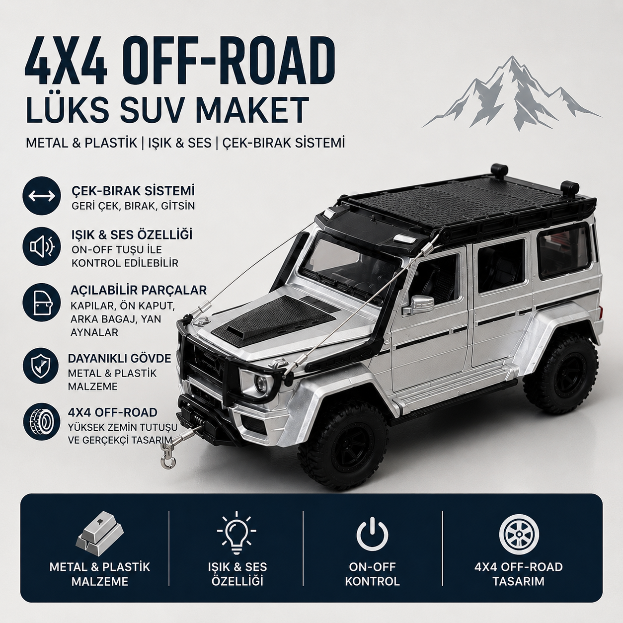 Lüks SUV Model Araba - 4x4 Off-Road Metal & Plastik Maket Işıklı & Sesli, Çek-Bırak Erkek Hediyesi