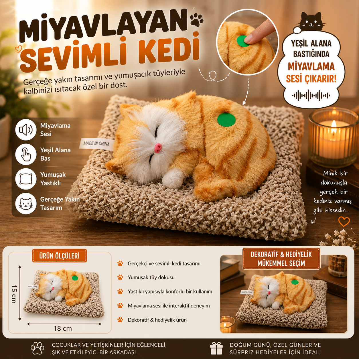 Dozzi 776 Miyavlayan Turuncu Peluş Kedi Sesli Dekoratif Oyuncak Yastıklı Hediyelik Eşyalar 18x15 cm