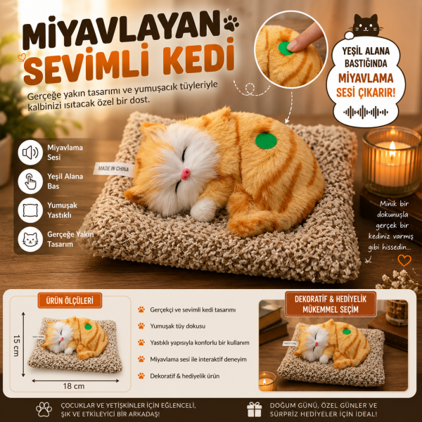 Dozzi 776 Miyavlayan Turuncu Peluş Kedi Sesli Dekoratif Oyuncak Yastıklı Hediyelik Eşyalar 18x15 cm