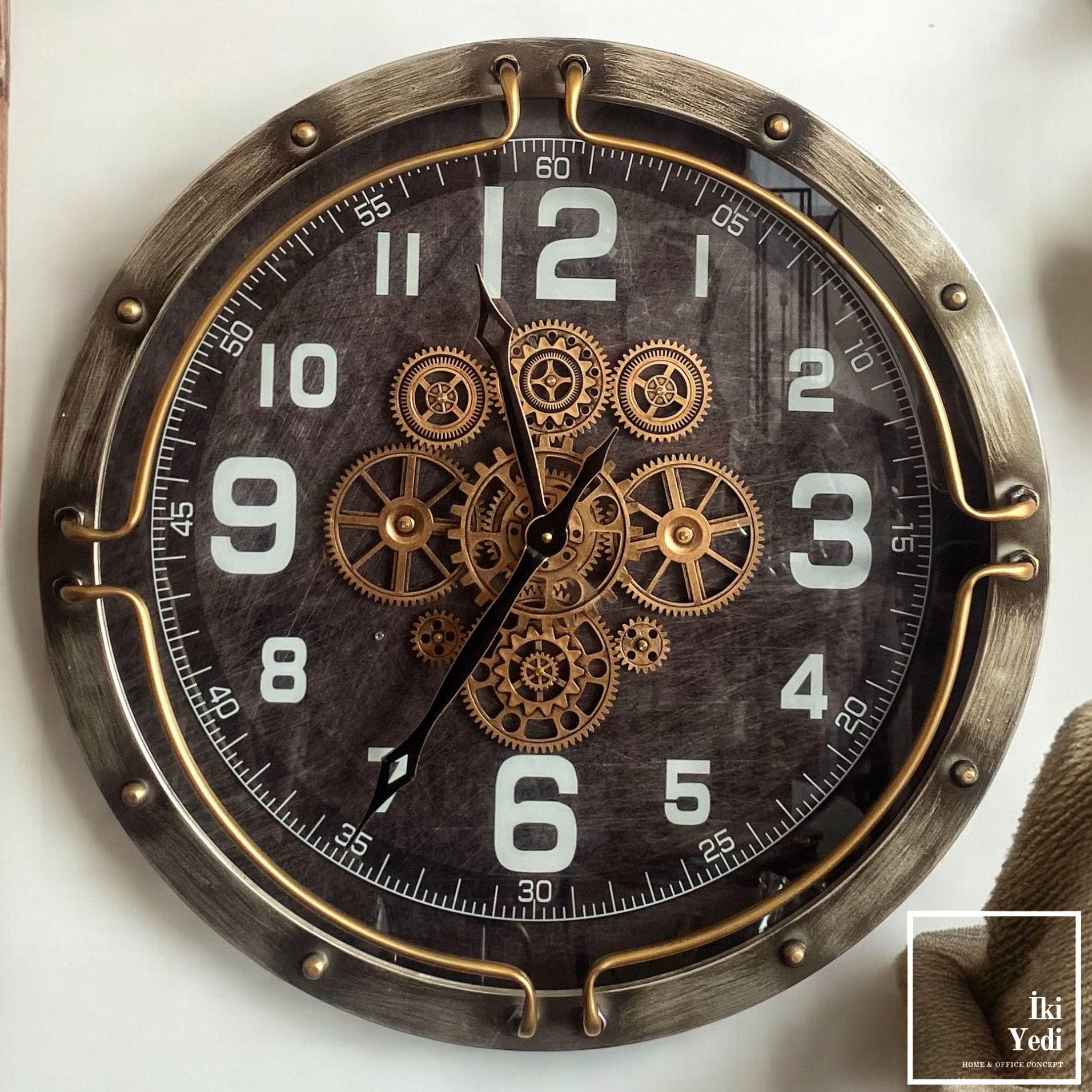 Dacosta 60 cm Metal Döner Çarklı Duvar Saati Endüstriyel Mekanik Büyük Saat Ev Ofis Dekoru