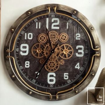 Dacosta 60 cm Metal Döner Çarklı Duvar Saati Endüstriyel Mekanik Büyük Saat Ev Ofis Dekoru