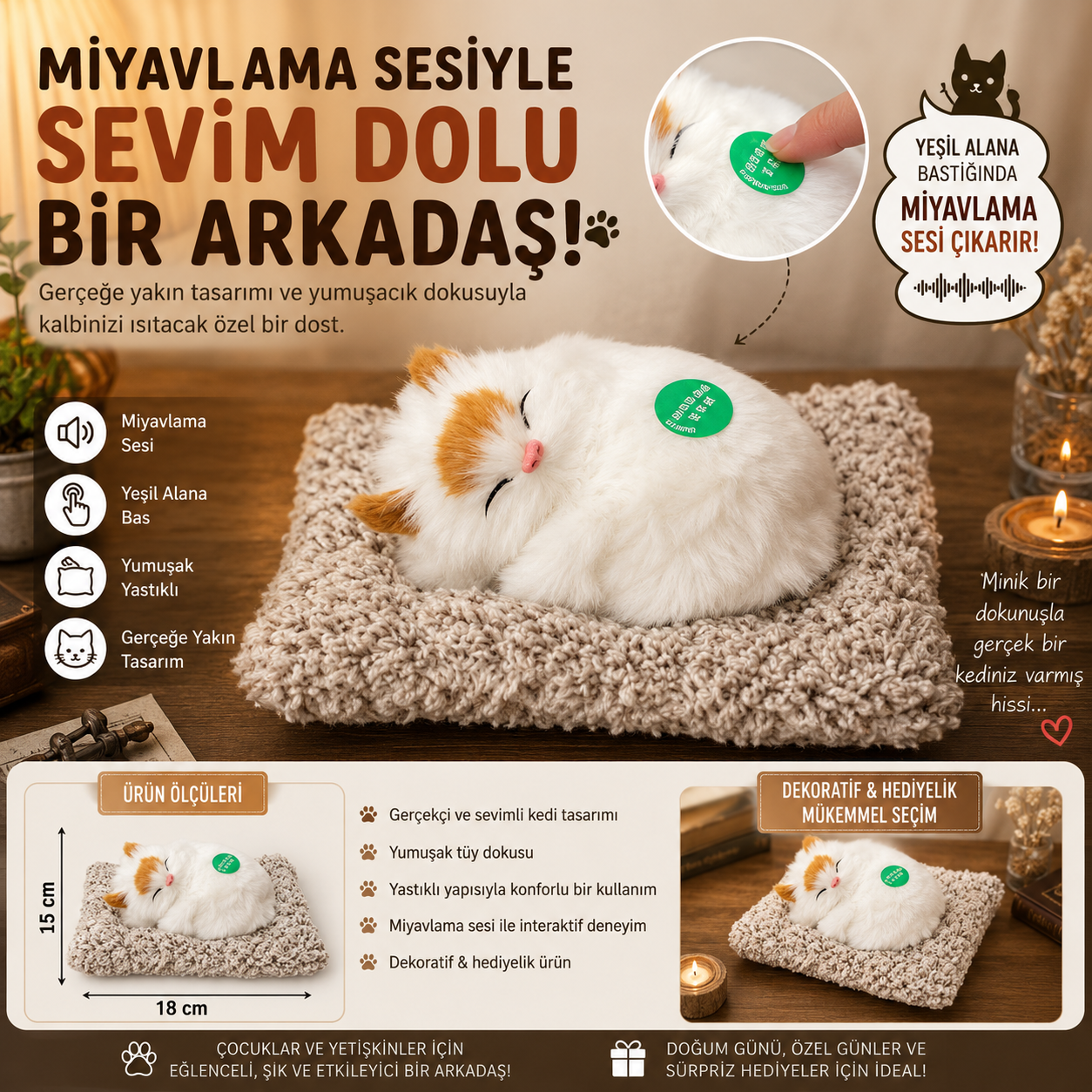 Dozzi 775 Miyavlayan Uyuyan Kedi Peluş Dekoratif Oyuncak Sesli Yastıklı Hediyelik Eşyalar 18x15 cm