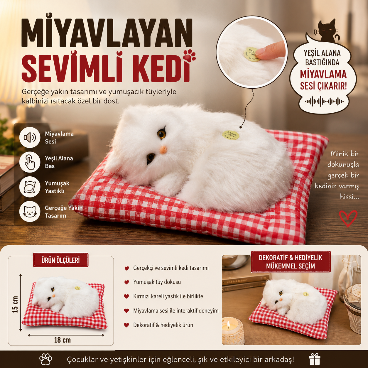 Dozzi 774 Beyaz Miyavlayan Peluş Kedi Sesli Dekoratif Oyuncak Yastıklı Hediyelik Eşyalar 18x15 cm