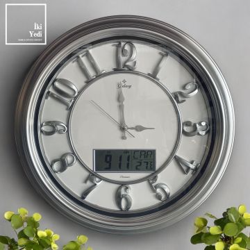 Roissy Gümüş Gri 46 cm Duvar Saati – Dijital Dereceli Büyük Saat Ev Ofis Dekor Hediyelik Obje