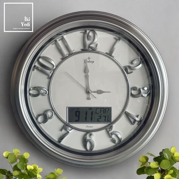 Roissy Gümüş Gri 46 cm Duvar Saati – Dijital Dereceli Büyük Saat Ev Ofis Dekor Hediyelik Obje