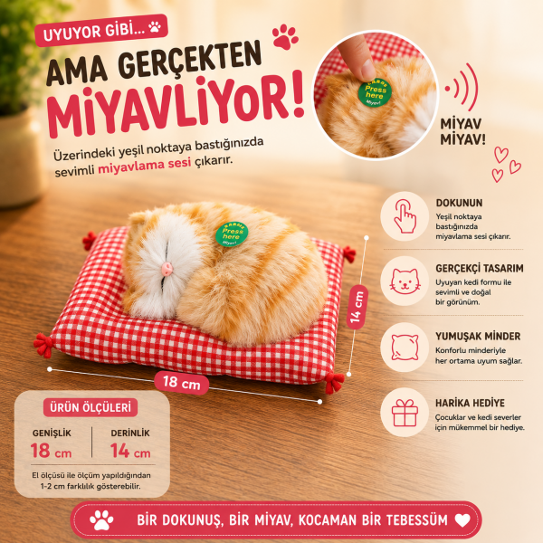 Dozzi 773 Miyavlayan Uyuyan Kedi Peluş Dekoratif Sesli Oyuncak Minderli 18x14 cm Hediyelik Eşyalar