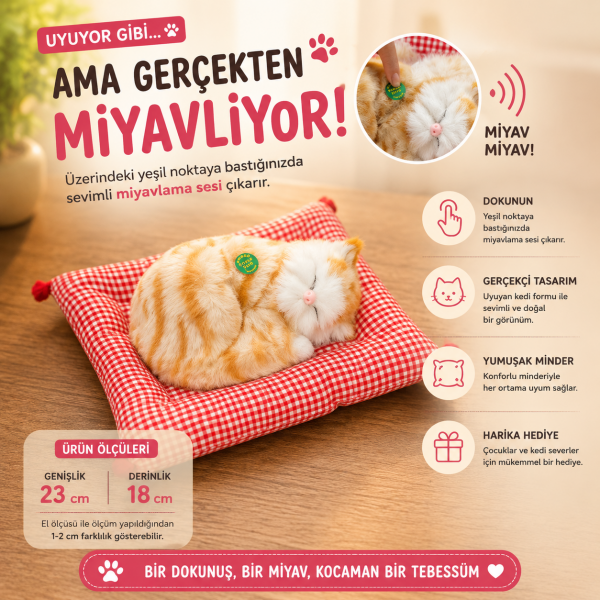 Dozzi 772 Miyavlayan Peluş Kedi Dekoratif Sesli Oyuncak Minderli Hediye 23x18 cm