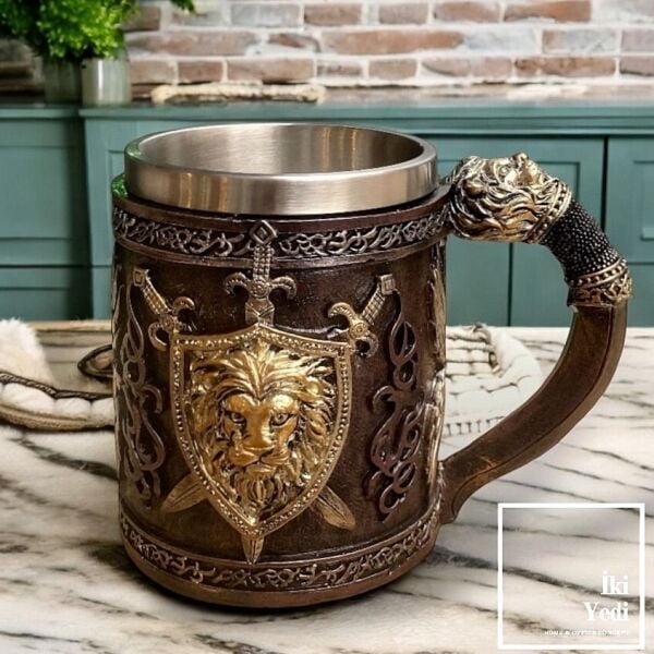 Dutra Paslanmaz Çelik Kabartmalı Aslan Figür Kupa Bardak Lüks Hediyelik Objeler Dekoratif İçecek Aksesuarlar Aslan Burcuna Hediye