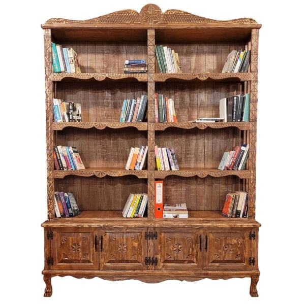 Meredith Masif Ağaç Kütüphane Ahşap Kitaplık Oymalı El Oyması Antika Tasarım Salon Oturma Odası Library Wood Furniture