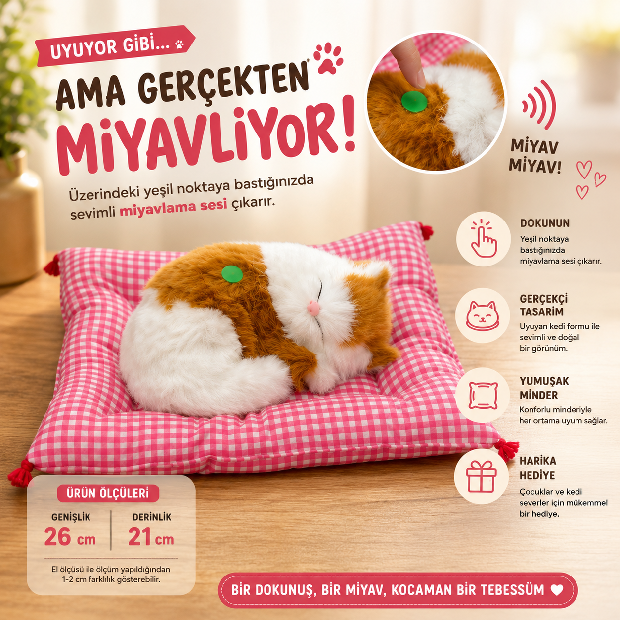 Dozzi 771 Miyavlayan Peluş Uyuyan Kedi Sesli Dekoratif Oyuncak Minderli 26x21 cm