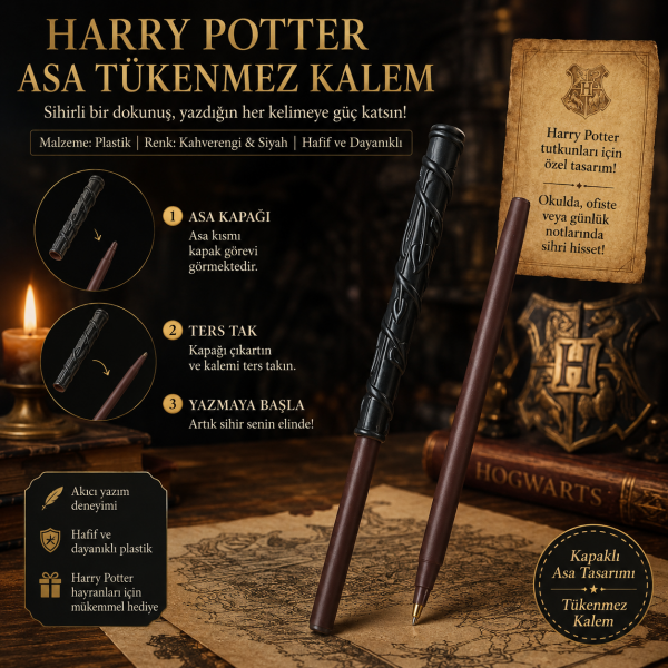 Fantastik Asa Tasarımlı Tükenmez Kalem Kapaklı Dekoratif Kalem Büyücü Temalı Hediyelik Harry Potter