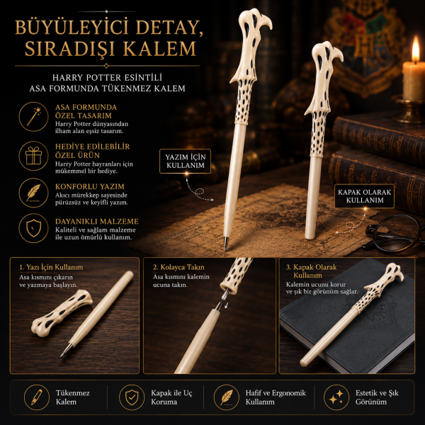 Beyaz Asa Tasarımlı Tükenmez Kalem Fantastik Dekoratif Kalem Kapaklı Hediyelik Harry Potter Büyücü
