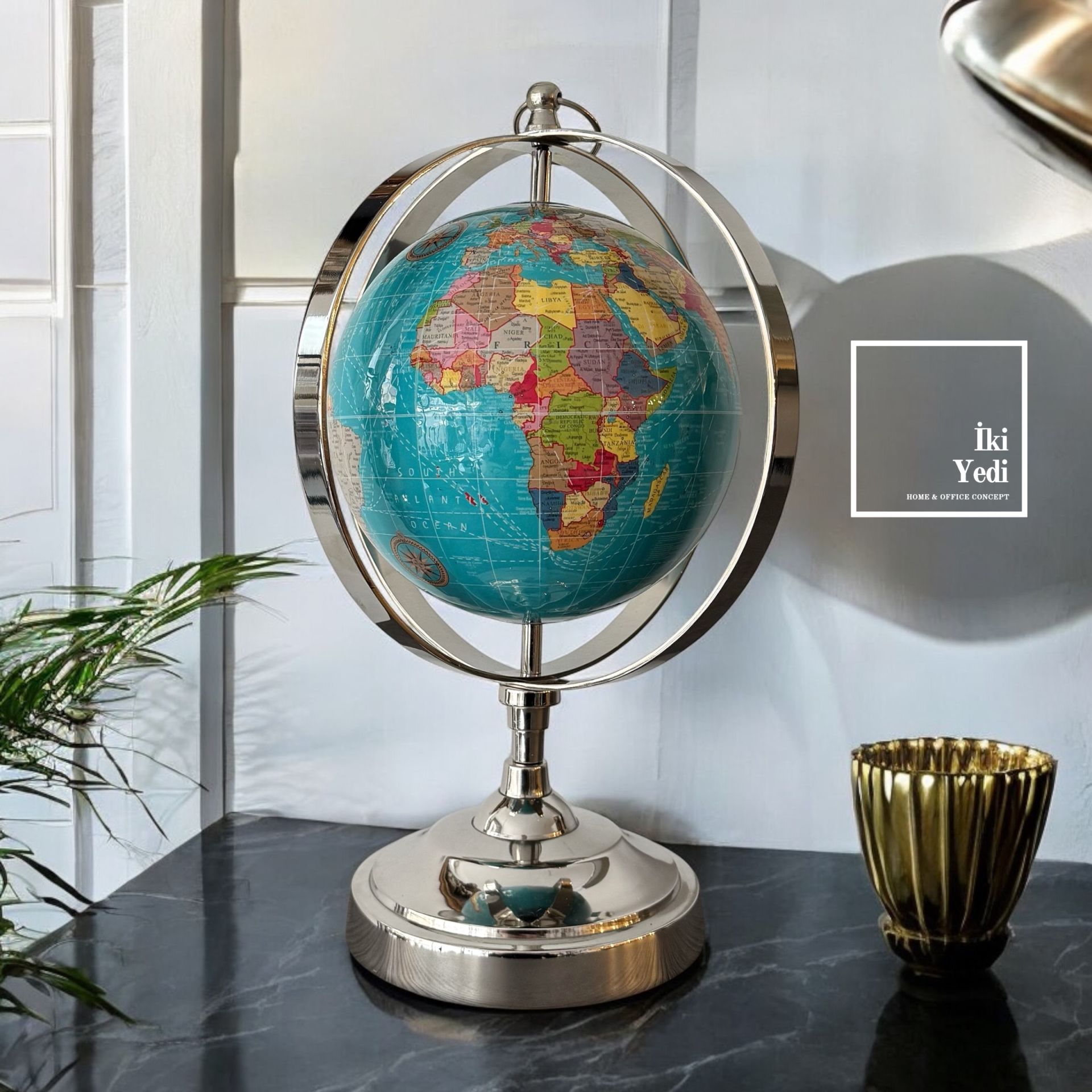 Xavier Krom Döküm Ayaklı 35 Cm Mavi Dünya Küresi Lüks Şık Ofis Hediyesi Antik Büro Dekoratif Objeler