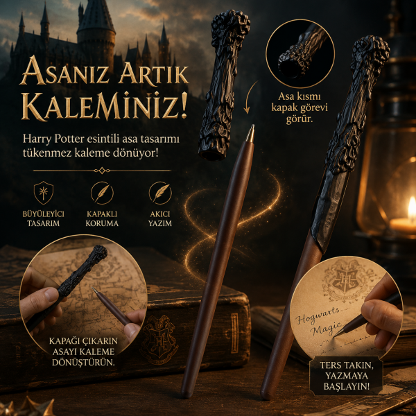 Kabartmalı Asa Tasarımlı Tükenmez Kalem Fantastik Kalem Dekoratif Hediyelik Kalem Harry Potter