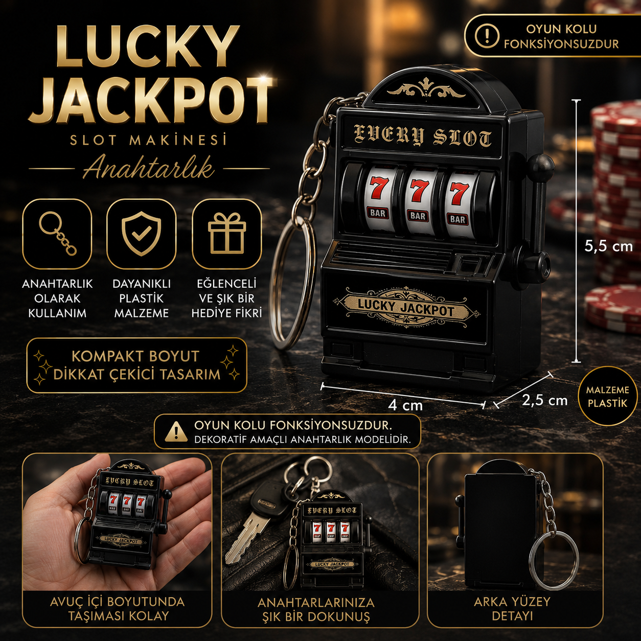 Lucky Jackpot Siyah Slot Makinesi Anahtarlık Dekoratif Casino Temalı Mini Anahtarlık 5,5 cm Hediye