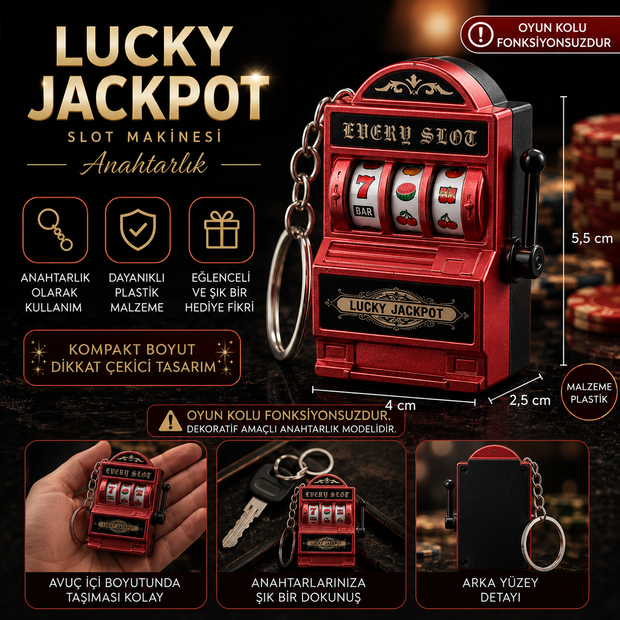 Lucky Jackpot Kırmızı Slot Makinesi Anahtarlık Dekoratif Casino Temalı Mini Anahtarlık 5,5 cm