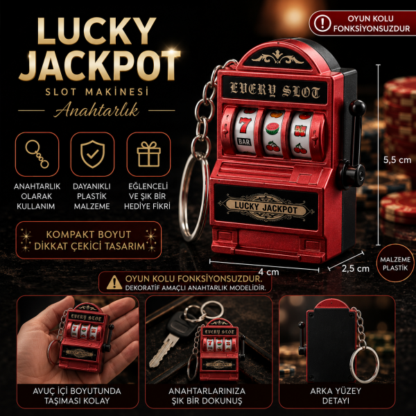 Lucky Jackpot Kırmızı Slot Makinesi Anahtarlık Dekoratif Casino Temalı Mini Anahtarlık 5,5 cm
