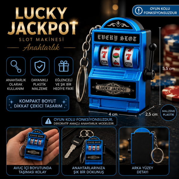 Lucky Jackpot Mavi Slot Makinesi Anahtarlık Dekoratif Casino Temalı Mini Anahtarlık 5,5 cm Hediye