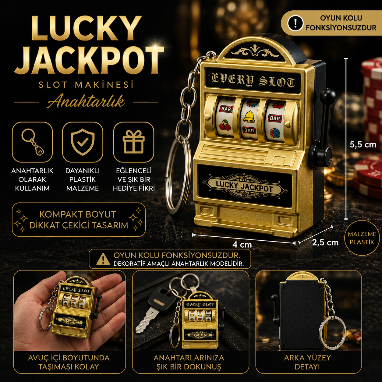 Lucky Jackpot Altın Slot Makinesi Anahtarlık Dekoratif Casino Temalı Mini Anahtarlık 5,5 cm Hediye