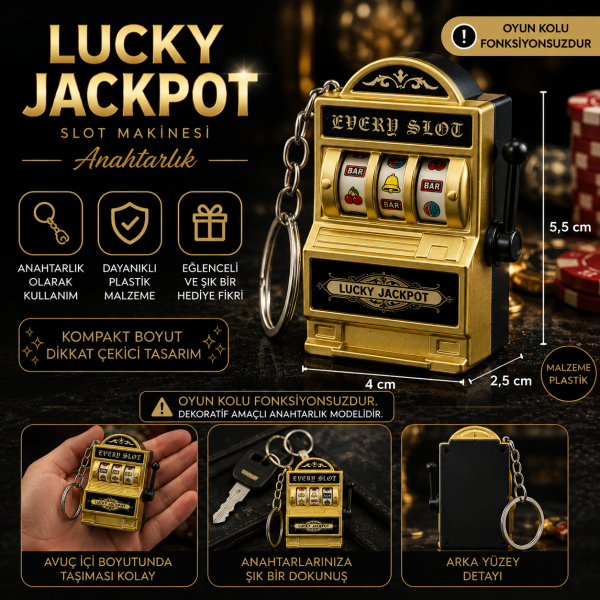 Lucky Jackpot Altın Slot Makinesi Anahtarlık Dekoratif Casino Temalı Mini Anahtarlık 5,5 cm Hediye