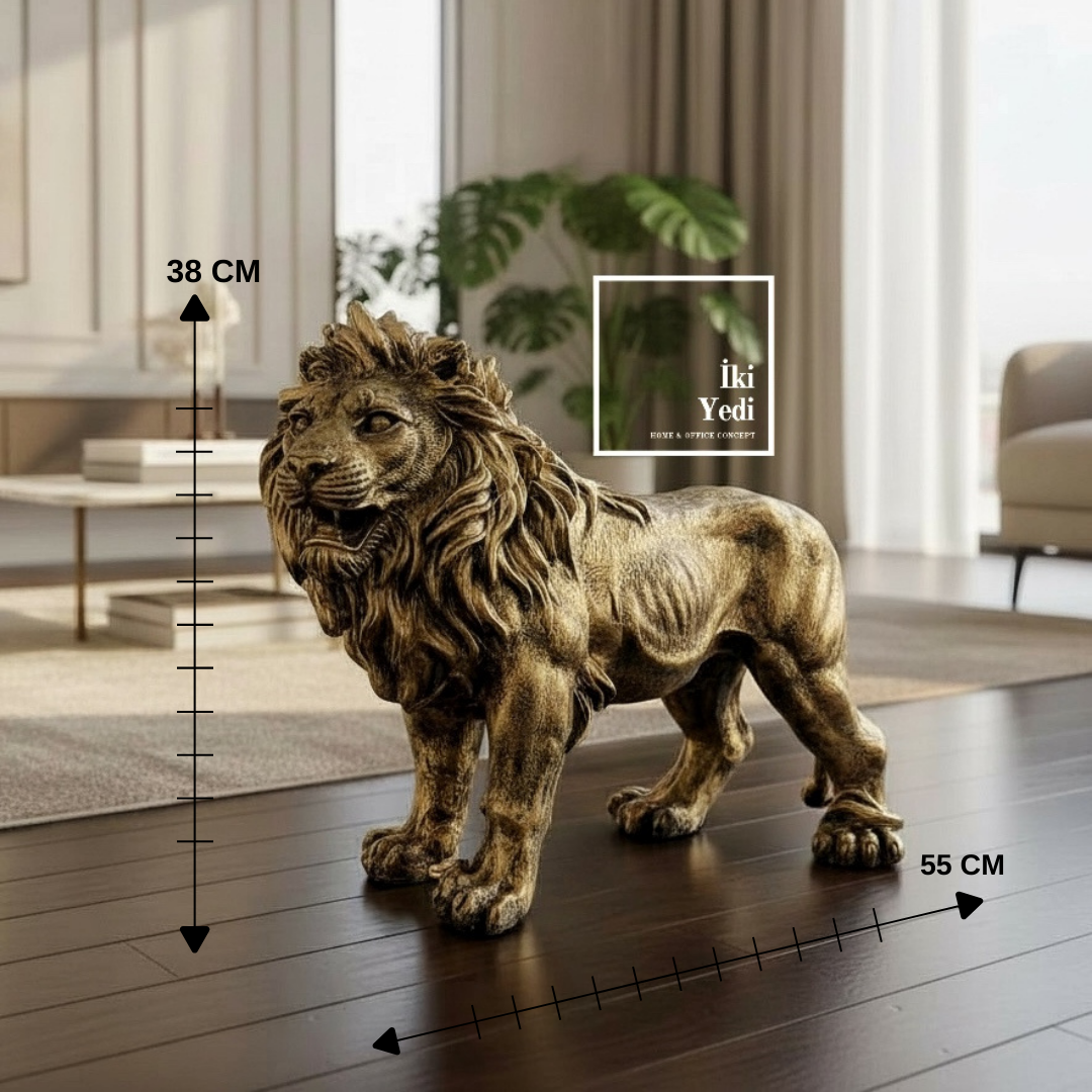 Bruns Büyük Boy Aslan Heykeli 55 cm Altın Eskitme Renkli Dekoratif Aslan Figürü Ev Ofis Hediyesi