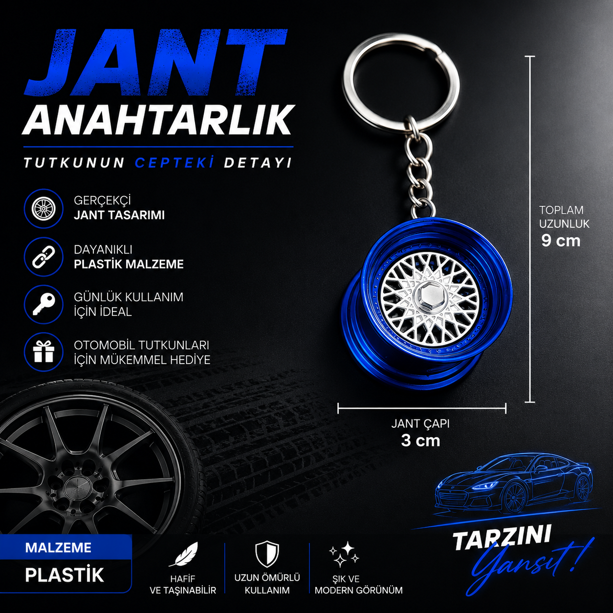 Mavi Jant Anahtarlık Gerçekçi Araba Jantı Tasarımlı Otomobil Aksesuarı Hediyelik 9 cm Hediyelik