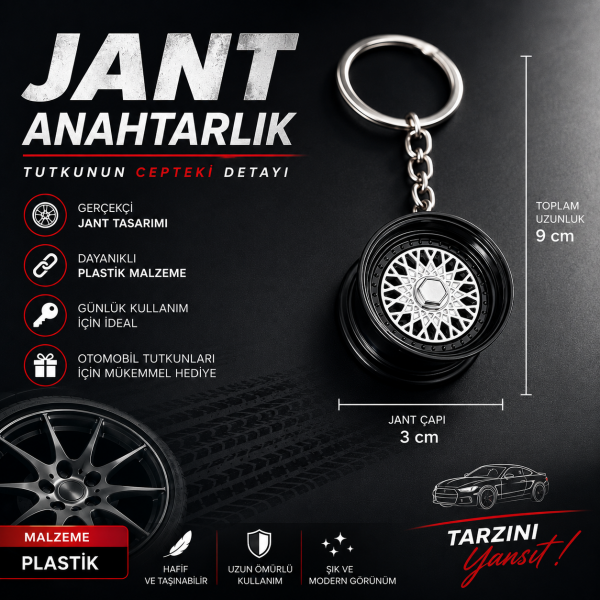 Siyah Jant Anahtarlık Gerçekçi Araba Jantı Tasarımlı Otomobil Anahtarlığı Hediyelik Eşyalar 9 cm