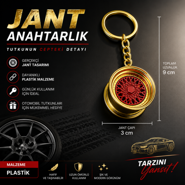 Gold Kırmızı Jant Anahtarlık Spor Araba Jantı Tasarımlı Otomobil Hediyelik Eşya Anahtarlık 9 cm