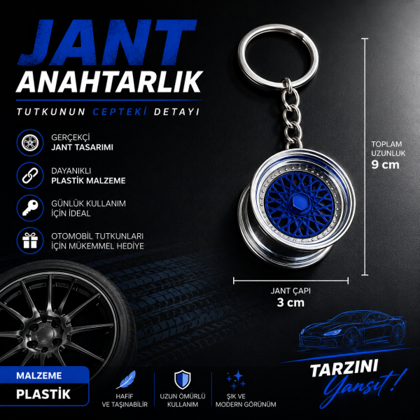 Gümüş Mavi Jant Anahtarlık Gerçekçi Spor Jant Tasarımlı Otomobil Aksesuarı Hediyelik Eşyalar 9 cm